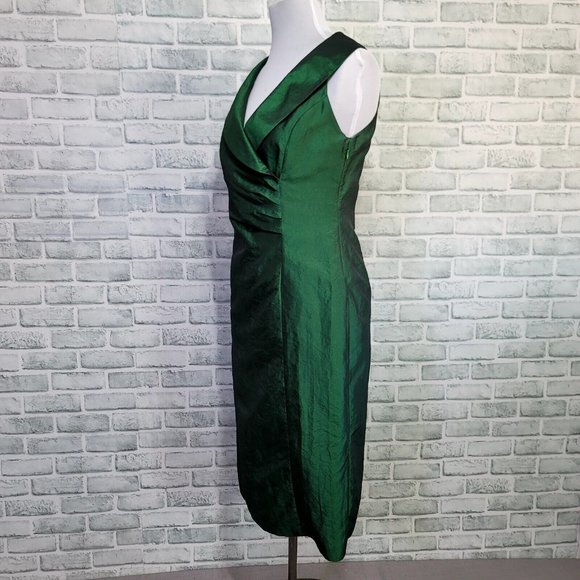 Lygia Farah 42 Green Crushed Taffeta Collared Surplice Sheath‎ Cocktail Dress - Picture 5 of 11